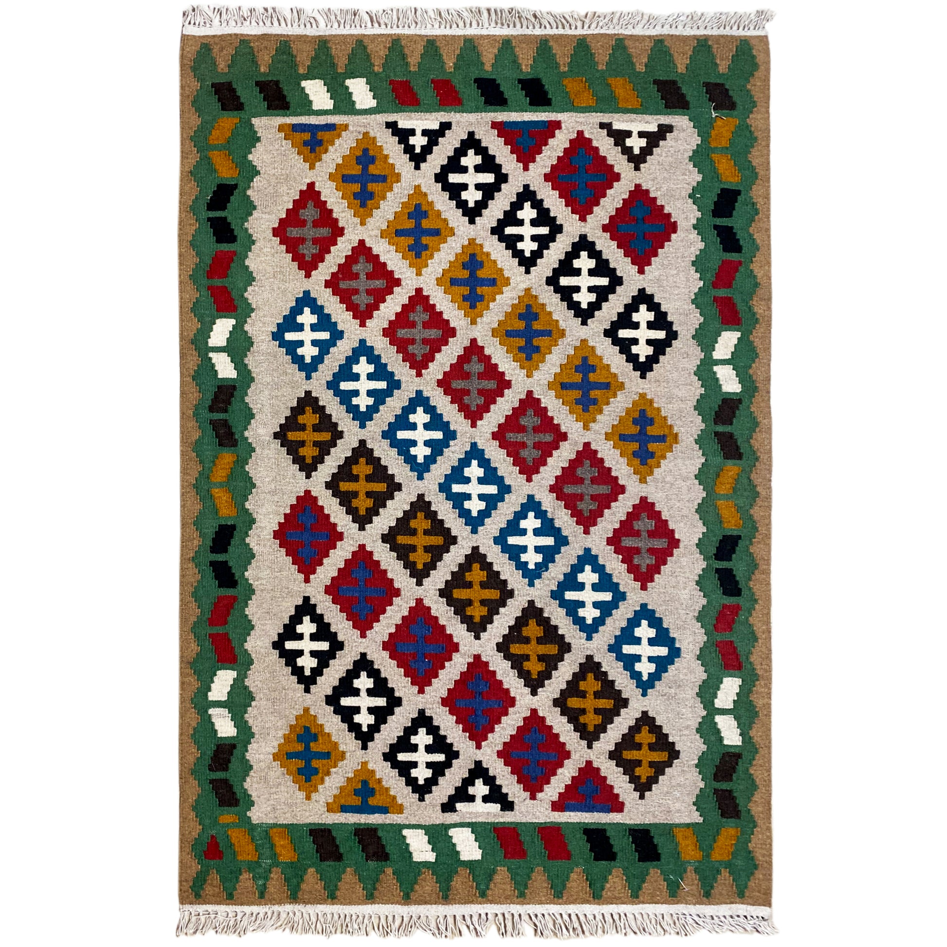 Handgewebter Kelim Qashqai Teppich 147x95 cm in Grün mit Rautenmustern