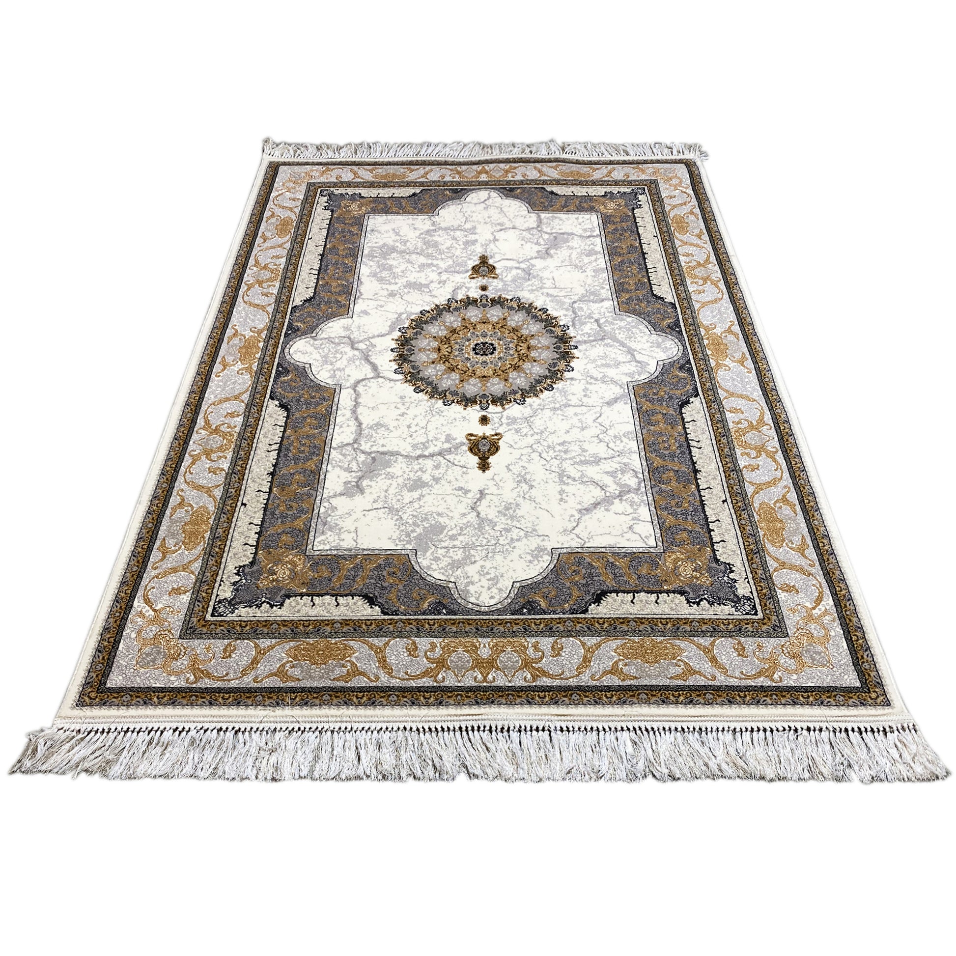 Eleganter Teppich im Vintage-Stil mit Medaillon und Bordüre, ideal für Wohnzimmer