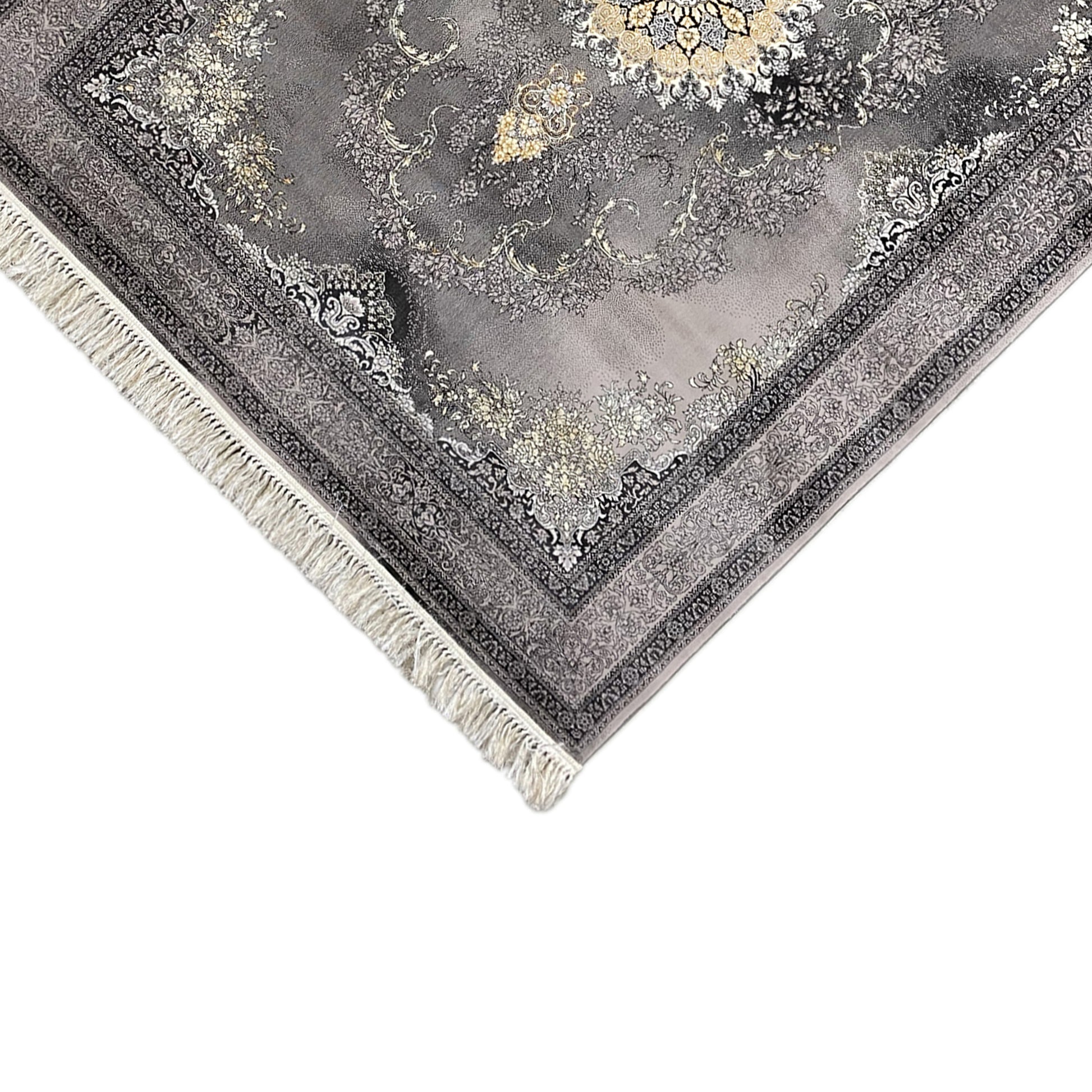 Großaufnahme der feinen Fäden und Struktur des maschinell gefertigten Teppichs