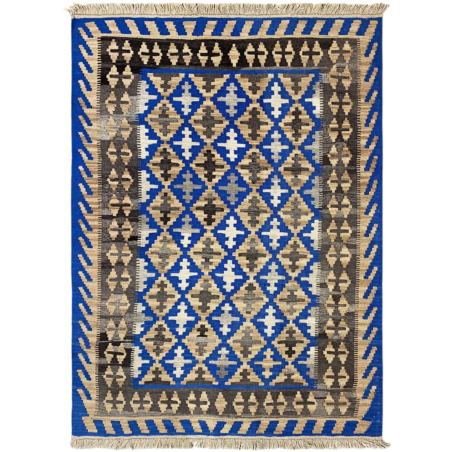 Handgewebter Kelim Qashqai Teppich blau 172x127 cm mit geometrischem Rautenmuster