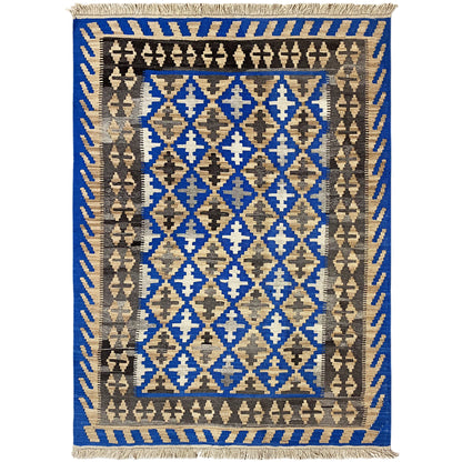 Handgewebter Kelim Qashqai Teppich blau 172x127 cm mit geometrischem Rautenmuster