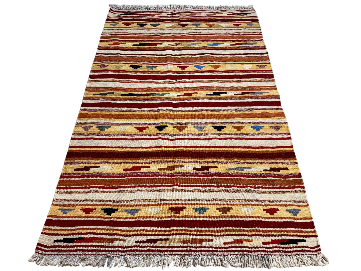 Boho Kelim Teppich braun gestreift handversponnene Wolle 155x99