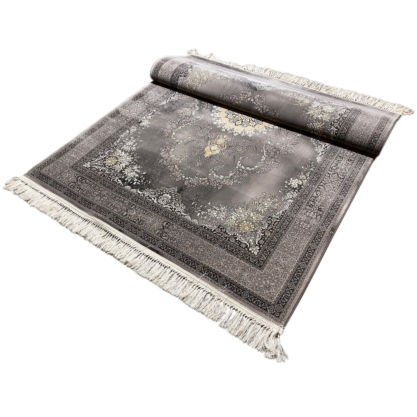 Grauer Woven Teppich mit goldenen Akzenten im traditionellen Design