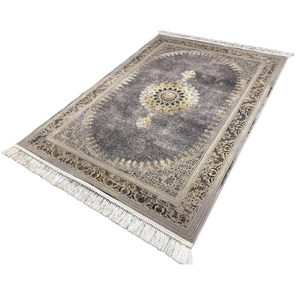 Wohnzimmer Teppich 160x230 Klassisch Grau mit beigem Medaillon Muster