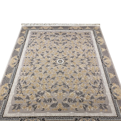 Maschinell hergestellter Medaillon Teppich aus Polypropylen in Grau, luxuriöses Rom Flair.