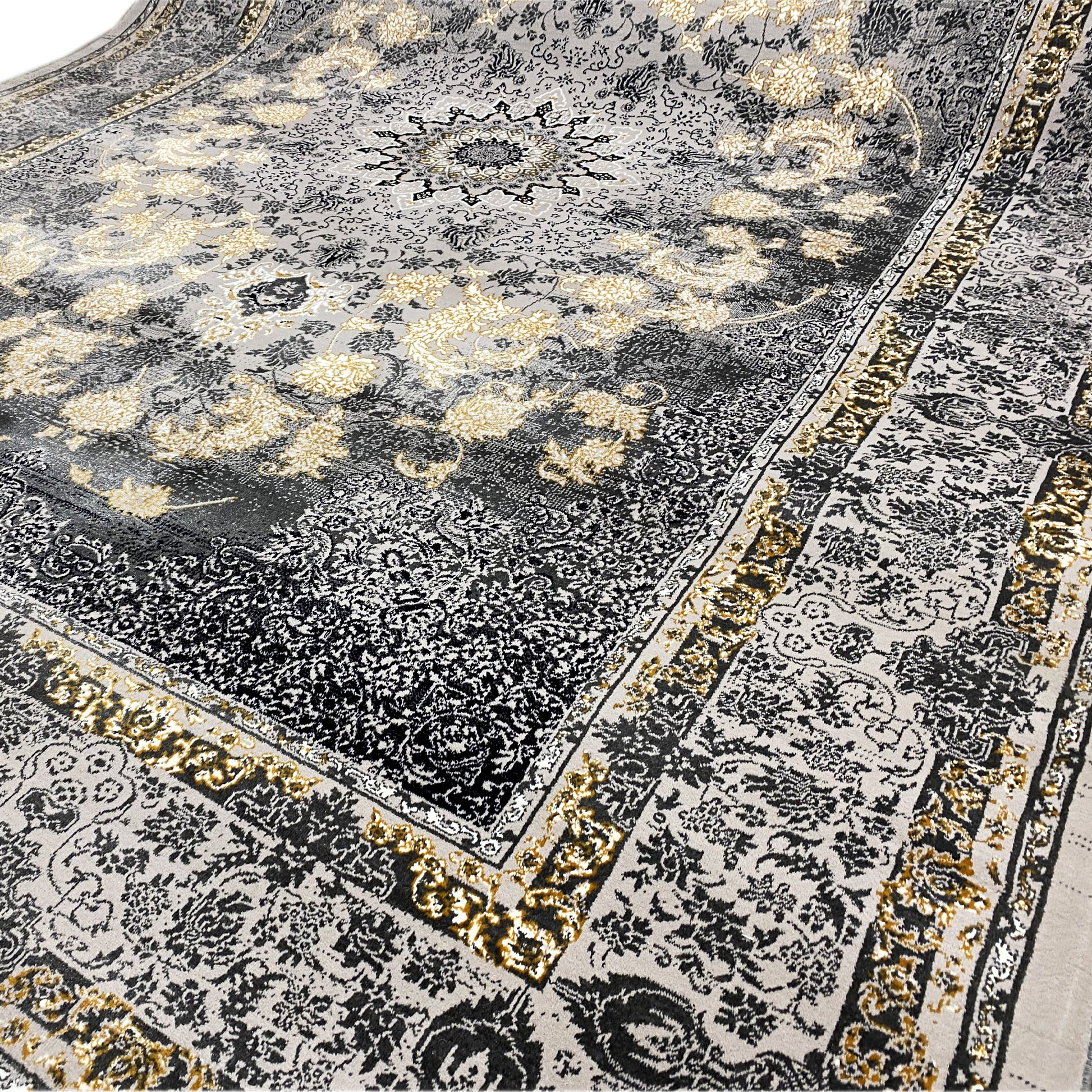 Maschinell hergestellter Medaillon Teppich aus Polypropylen, luxuriös Grau, Manchester.