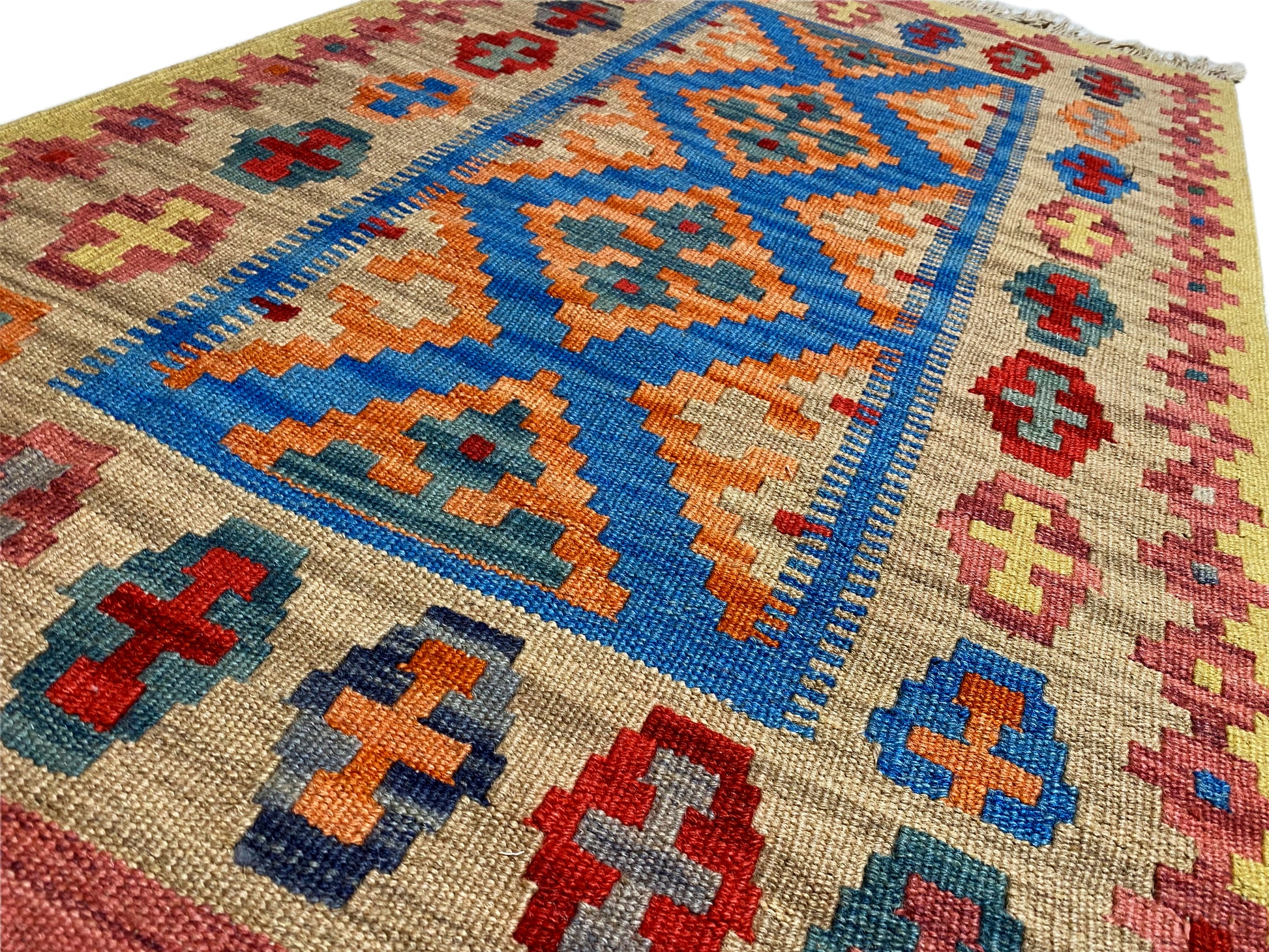 Naturwolle Kelim Teppich beige-blau, handgewebt im Qashqai Stil