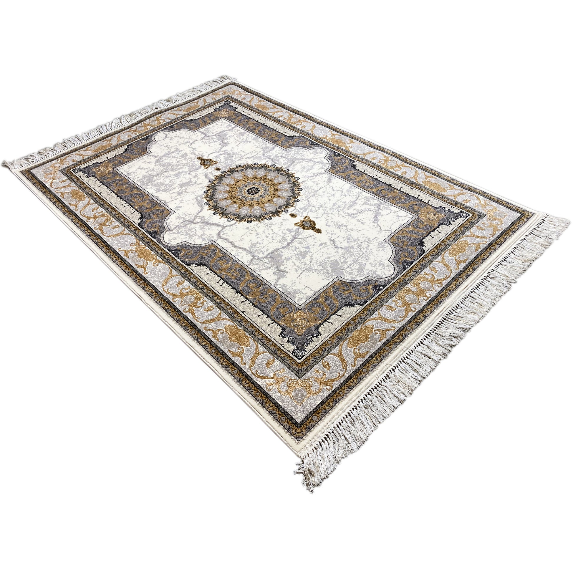 Pflegeleichter Teppich in Creme-Grau mit Marmor-Optik, maschinell gefertigt