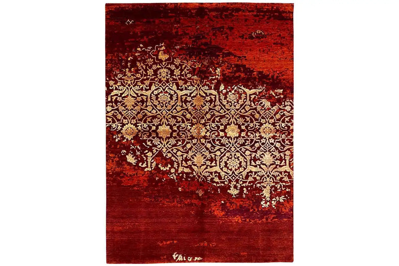 A beautiful Red colored Designer rug showing patter of flowers in Silver color. It has an abstract pattern. 